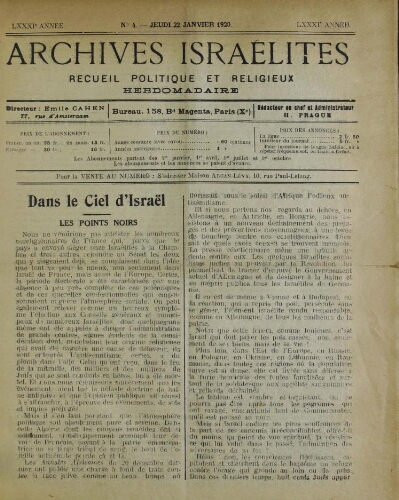 Archives israélites de France. Vol.81 N°04 (22 janv. 1920)